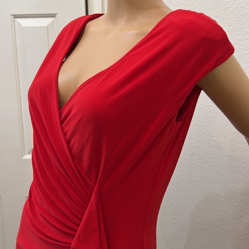 Evan Picone Dresses Size 10 V Neck Slimming Ruching Ruffle Short Sleeve Midi - Picture 4 of 10